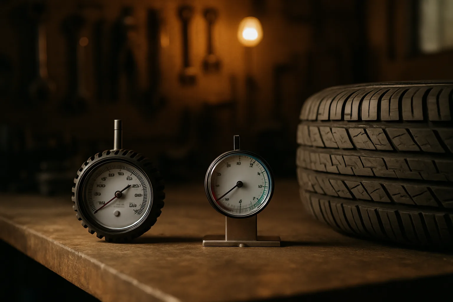 Tire maintenance tools and depth gauge on workshop surface
